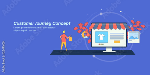 Customer journey, A road map for buying decision. Filled outline vector illustration banner web template.