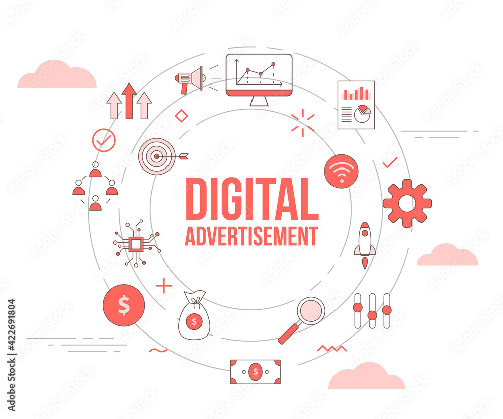 digital advertisement concept with icon set template banner with modern orange color style and circle round shape