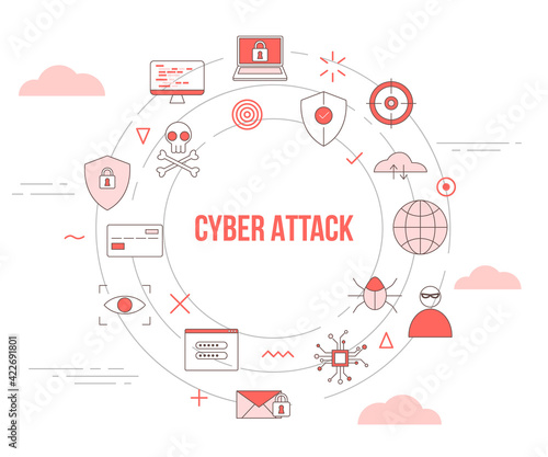 cyber attack concept with icon set template banner with modern orange color style and circle round shape