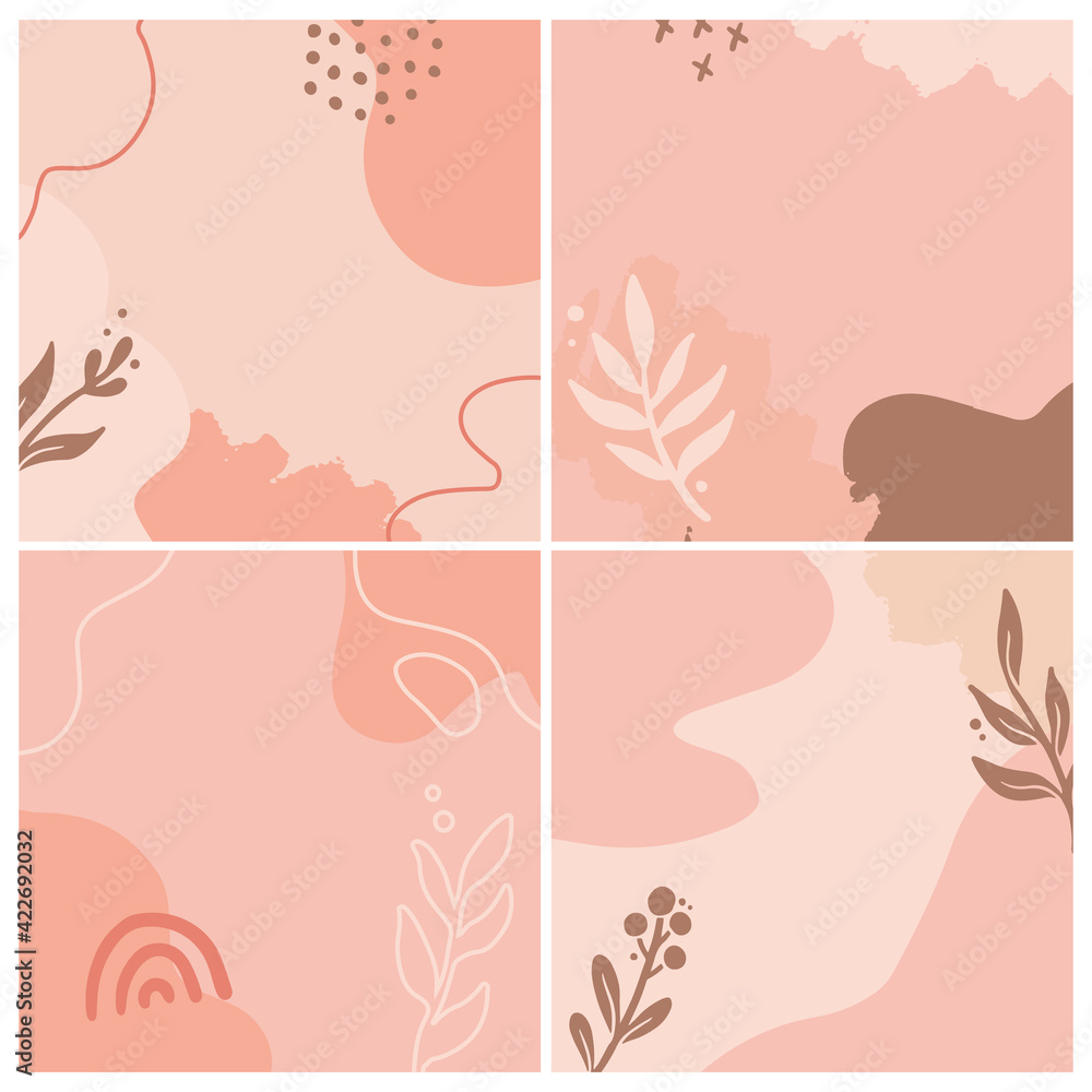 Set of social media, instagram post, story template with abstract, floral, plant shape. Sketch style illustration for beauty background, poster template. Pastel color in brown tones.