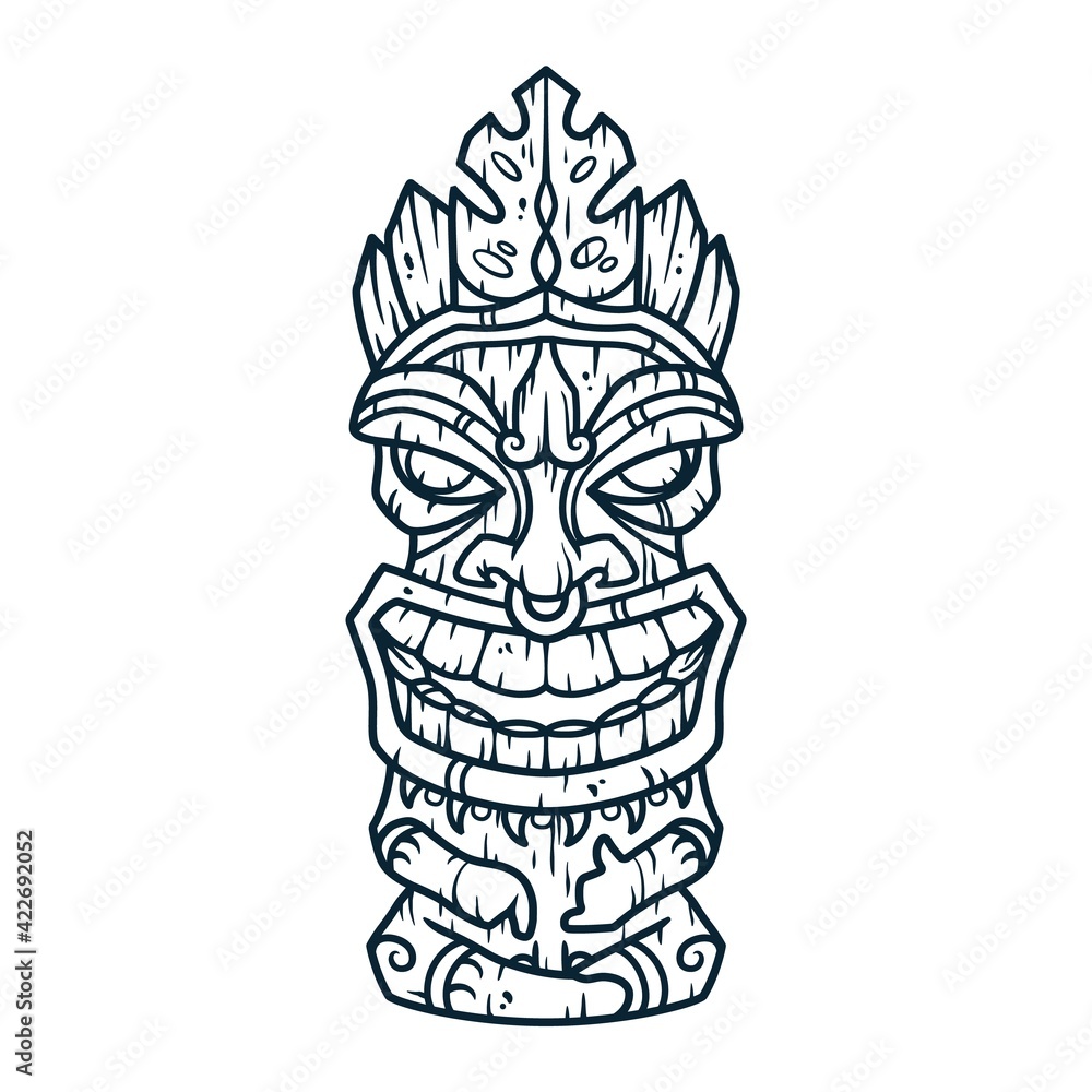 Trendy hawaii wooden tiki mask for surfing bar. Traditional ethnic idol of hawaiian, maori or polynesian. Old tribal totem Trendy hawaii wooden tiki mask for surfing bar. Traditional ethnic idol of hawaiian, maori or polynesian. Old tribal totem