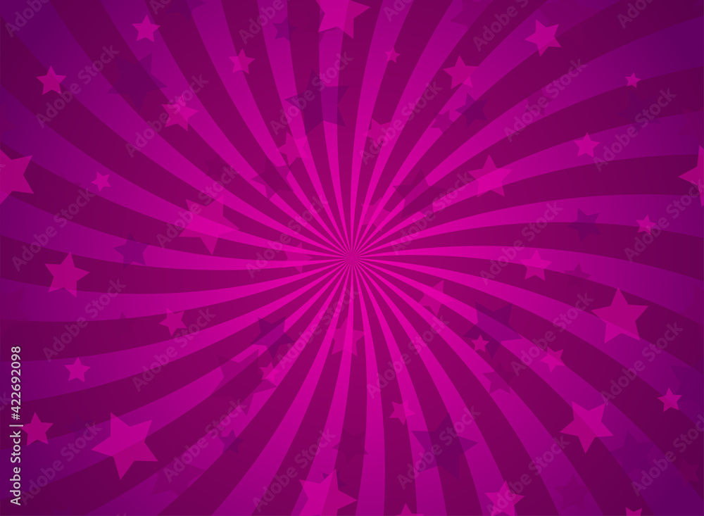 Sunlight spiral horizontal background. Purple and violet color burst background with shining stars.