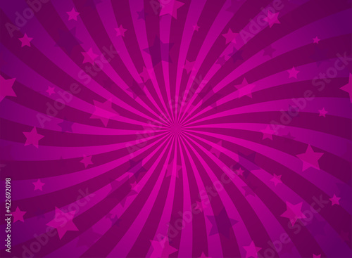 Sunlight spiral horizontal background. Purple and violet color burst background with shining stars.