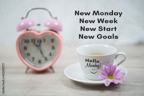 Inspirational Motivational Quote - Happy Monday. Start Today Right. with  Cup of Morning Coffee and Purple Flowers on White Table. Stock Image -  Image of light, happymonday: 214674595