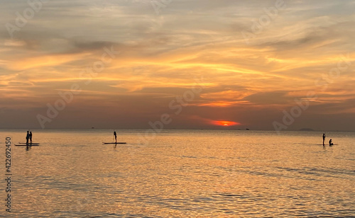 Silhouette of Stand Up Paddle board on the beach at sunset. Surfer and ocean. Side view.
