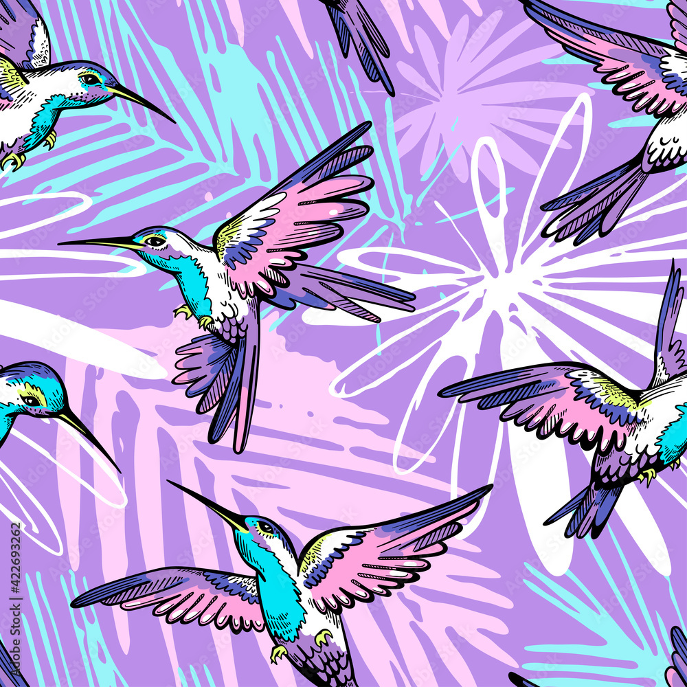 Tropical seamless pattern with hummingbirds. Jungle exotic background. Summer textile print.