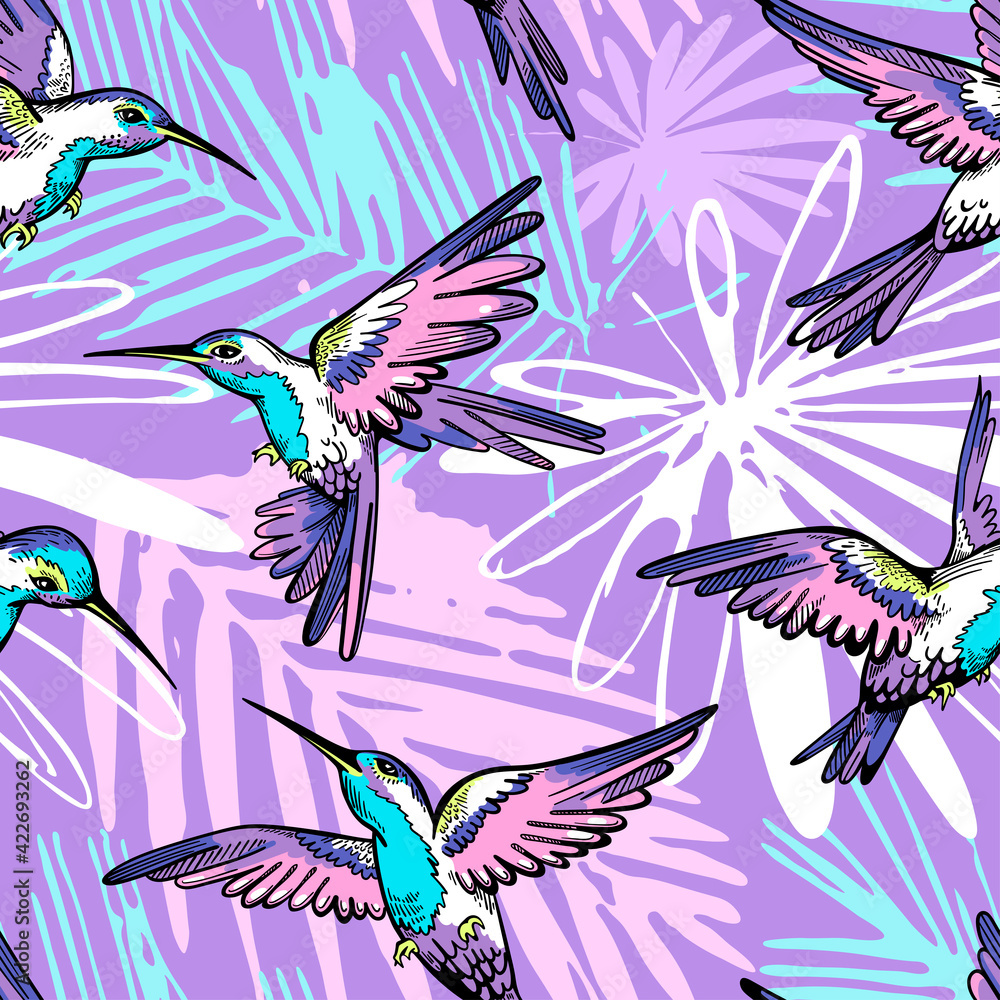 Naklejka premium Tropical seamless pattern with hummingbirds. Jungle exotic background. Summer textile print.