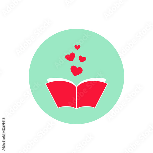 Open book with red cover and red hearts in turquoise circle. Isolated on turquoise background.