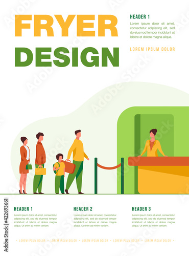 Airport queue vector illustration. Line of tourists standing at check in desk. Flight passengers waiting for boarding to plane in departure area