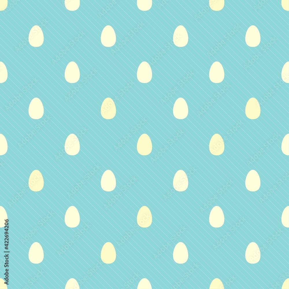 Seamless pattern with yellow Easter eggs on powder blue stripy background.