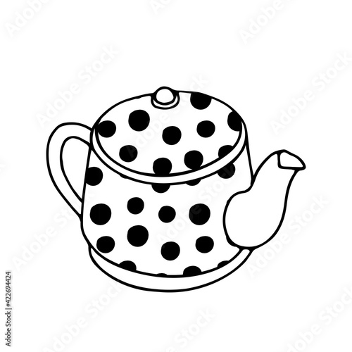 Black hand drawing illustration of a metal or clay kettle with circle pattern and hot water for tea or coffee isolated on a white background