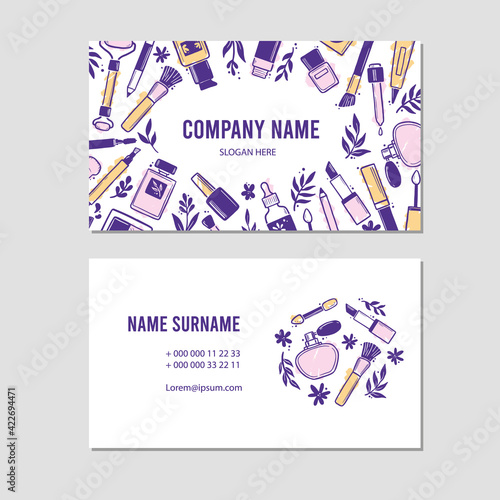 Visit card with makeup beauty cosmetic elements, mascara, cream bottle, polish, skin brush. Doodle sketch style. Illustration for makeup, beauty artist, cosmetic store business card design template.