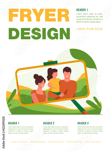Family selfie photo on phone screen. Parents and kid using smartphone and monopod for taking self portrait outdoors. Vector illustration for leisure, camera, technology concept