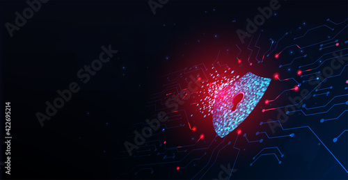 Concept of cyber attack.Cyber security destroyed.Shield destroyed on electric circuits  network dark blue.Information leak concept.Vector illustration.