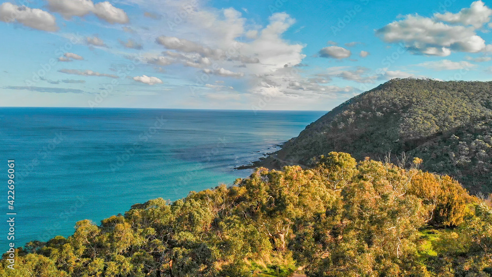 Lorne coastline, Australia. Aerial view from drone at dusk