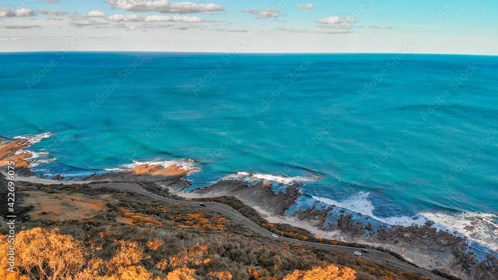 Fototapeta premium Lorne coastline, Australia. Aerial view from drone at dusk