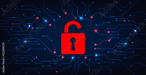 Cyber security destroyed concept.Padlock red open on electric circuits  network dark blue background.Cyber attack and Information leak concept.Vector illustration.