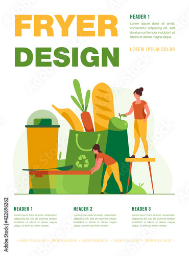 People shopping with eco friendly bag flat vector illustration. Sustainable plastic and organic food. Environment, future and recycling concept.