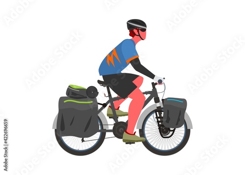 Man touring by bicycle. Simple flat illustration 