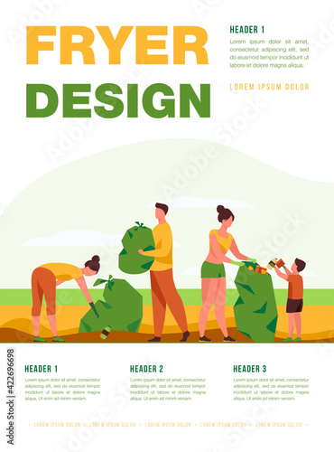 Eco volunteers cleaning sea or ocean beach from garbage. People, family with child collecting trash and sorting waste outdoors. Vector illustration for ecology, planet, nature