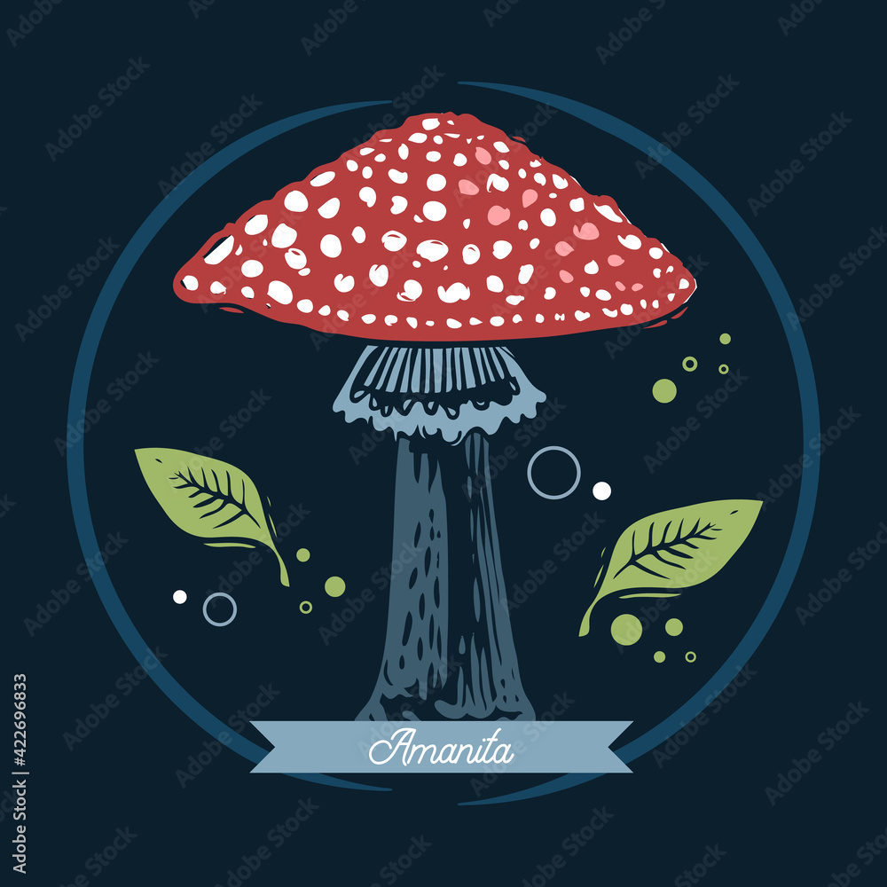 Fly agaric hand drawn art in graphic silhouette style. Amanita muscaria on the dark background for printing or design works. Fly agaric hand drawn art in graphic silhouette style. Amanita muscaria on the dark background for printing or design works.