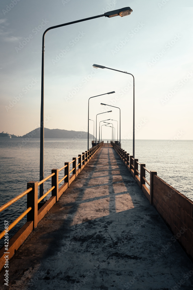 Large bridge perspective passing through the frame with lampposts at sunset horizon