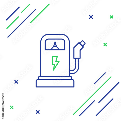 Line Electric car charging station icon isolated on white background. Eco electric fuel pump sign. Colorful outline concept. Vector