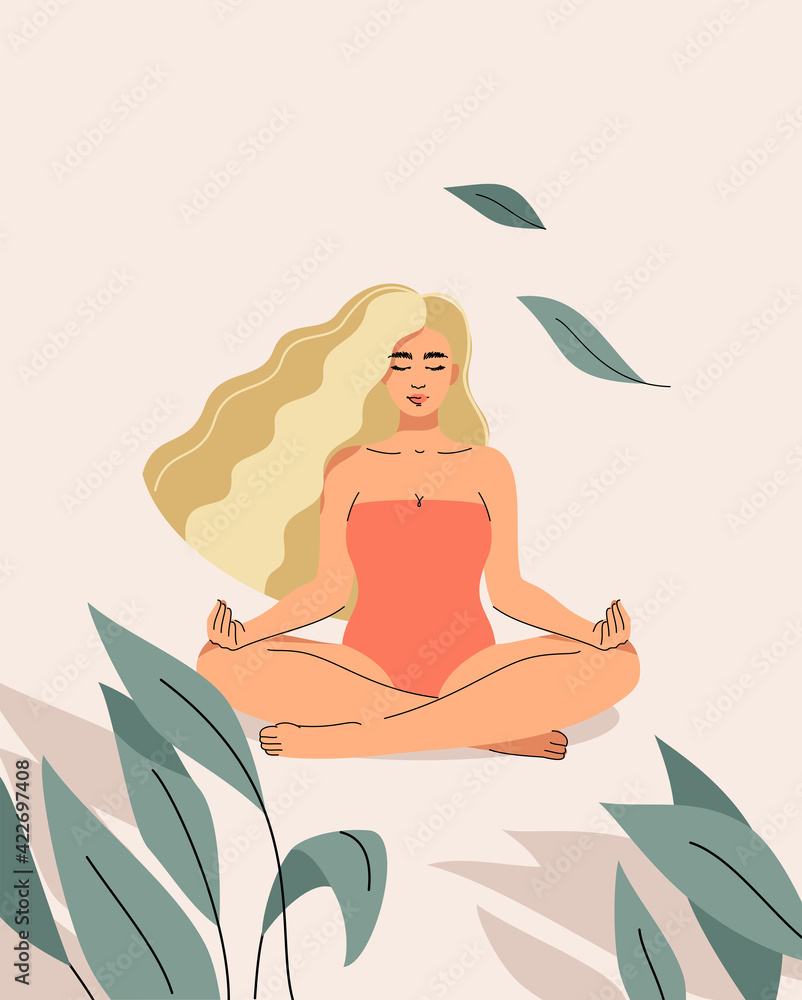 A vector illustration of a beautiful blond woman sitting in a lotus position on a sandy light background in a tropical bush