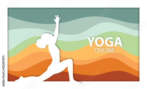 Young woman in yoga stance silhouette vector, colourful wavy background, papercut yoga figure  illustration