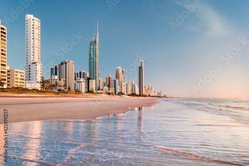 Early morning, Surfers Paradise Beach. This popular beach is on the Gold Coast, Queensland, Australia and is popular with tourists and locals alike.
