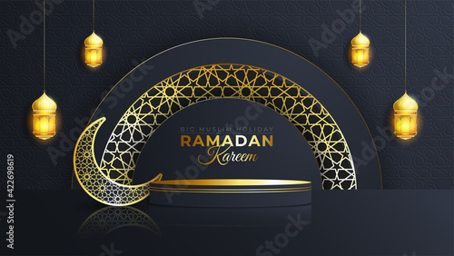 Luxury Islamic Podium with gold crescent moon and traditional islamic lantern. Horizontal Islamic Banner for product showcase, Product presentation, cosmetic product, base, ramadan sales.