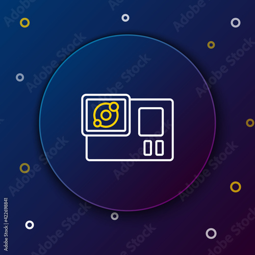 Line Action extreme camera icon isolated on blue background. Video camera equipment for filming extreme sports. Colorful outline concept. Vector