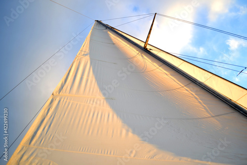 white sail at sunset, sunrise on the boat with the blue sky