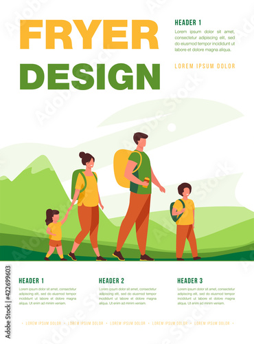 Happy active family walking outdoors. Couple of tourists with children hiking, carrying camping backpacks. Vector illustration for holiday, mountain trekking, activity, lifestyle concept