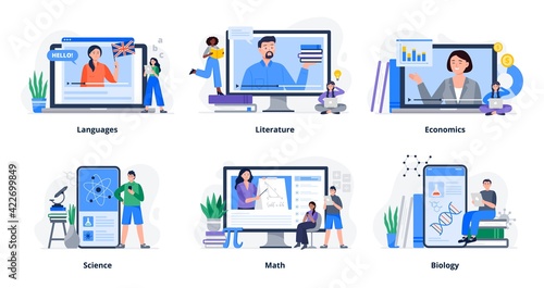 Set of e-learning concepts. People study languages, science, economy, and math. Vector flat illustration.