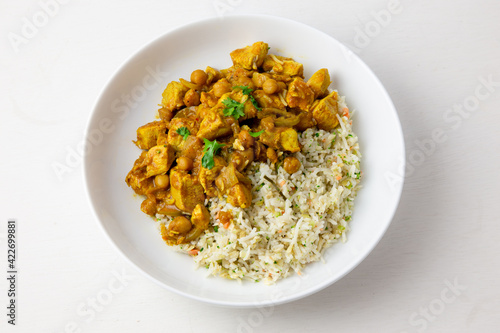 Homemade Mango Coconut Curry Chicken with White Rice and cauliflower