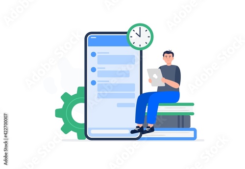 A young man studies online and communicates with other students on a forum. People improve the quality of knowledge by distance learning. Vector flat illustration.