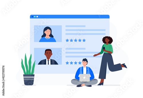 People choose the best rating online course. Students rate the viewed course. People improve the quality of knowledge by distance learning. Vector flat illustration.