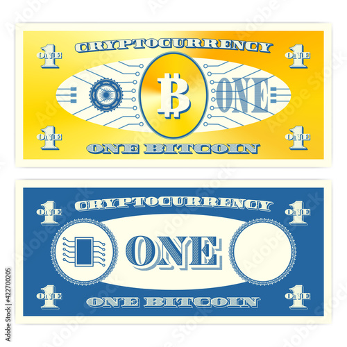 Fictional paper money. Golden cryptocurrency 1 bitcoin banknote. Obverse and blue reverse