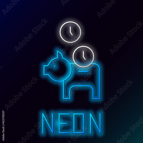 Glowing neon line Piggy bank with coin icon isolated on black background. Icon saving or accumulation of money, investment. Colorful outline concept. Vector