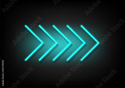 Sky blue neon glowing arrow. Shining retro bright arrow fluorescent on transparency with shadow background vector. Neon line in graphic style panel.