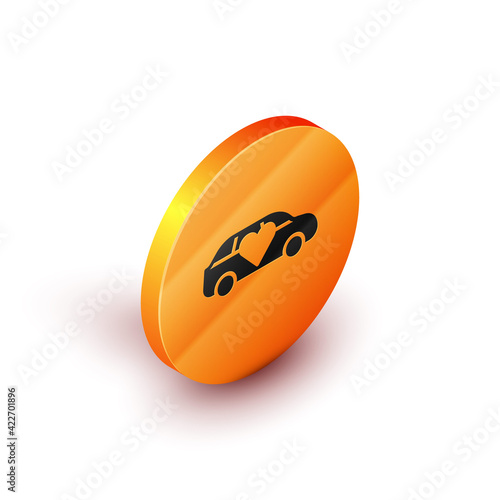 Isometric Luxury limousine car icon isolated on white background. For world premiere celebrities and guests poster. Orange circle button. Vector