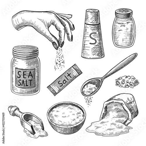 Sea salt engraved illustrations set. Hand drawn sketch of glass bottles, packages, bag, bowl, spoons with salt, hand seasoning dish on white background. Cooking, spice, health concept