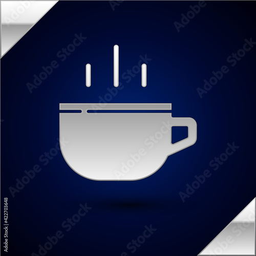 Silver Coffee cup icon isolated on dark blue background. Tea cup. Hot drink coffee. Vector