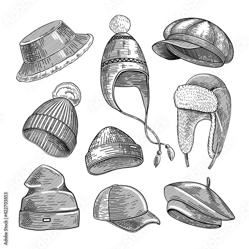 Winter hats engraved illustrations set. Hand drawn sketch of warm fur hats with and without pompons or ear flap, beanie, beret, cap on white background. Warm clothes, winter, headwear concept