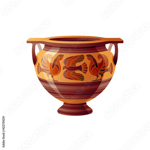 Ancient Greek vase. Pottery vector. Antique jug from Greece. Old clay amphora, pot, urn or jar for wine and olive oil. vintage ceramic icon isolated. Flat cartoon art with ornament decor, bird, sphinx