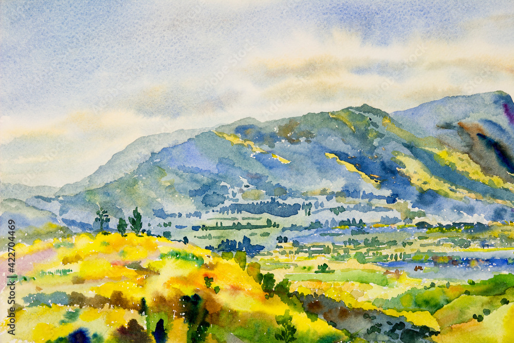 Watercolor landscape painting colorful of mountain and meadow.