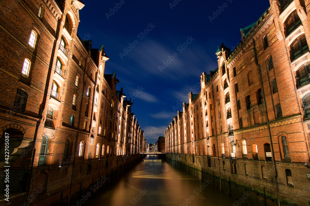 The Warehouse District or Speicherstadt. Wandrahmsfleet canal. UNESCO World Heritage Site