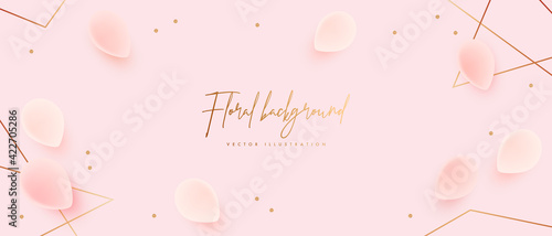Banner design template. Vector illustration of realistic tulip petals and golden elements. Floral background for poster, cover, booklets, wedding invitation