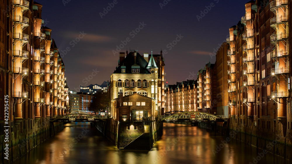 City view of Speicherstadt of Hamburg, Germany at night